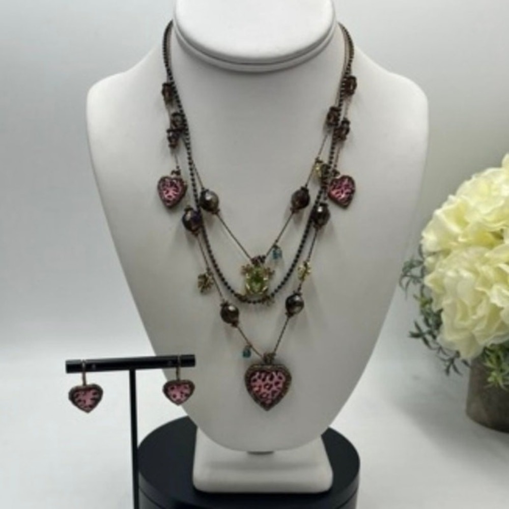 Betsey Johnson Green Frog Pink Leopard Print Hearts Necklace‎ and Earring Set